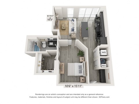 Floor plan for 1 bed, 1 bath, 833 sqft